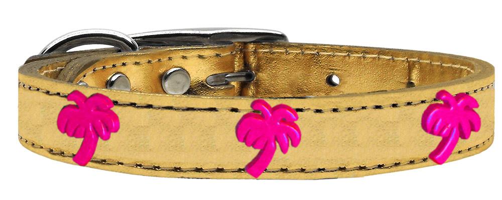 Pink Palm Tree Widget Genuine Metallic Leather Dog Collar Gold 26