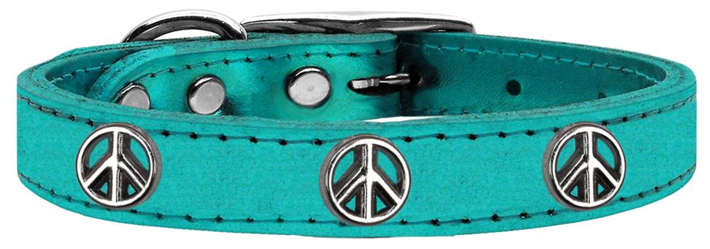 Peace Sign Widget Genuine Metallic Leather Dog Collar Turquoise 14