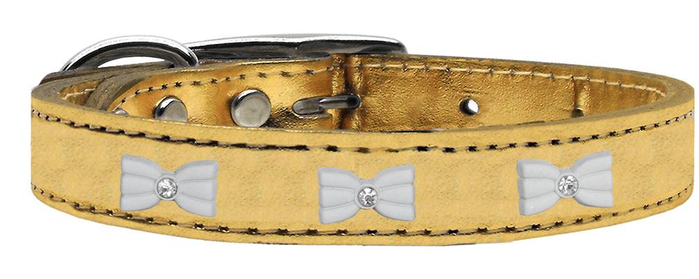 White Bow Widget Genuine Metallic Leather Dog Collar Gold 14