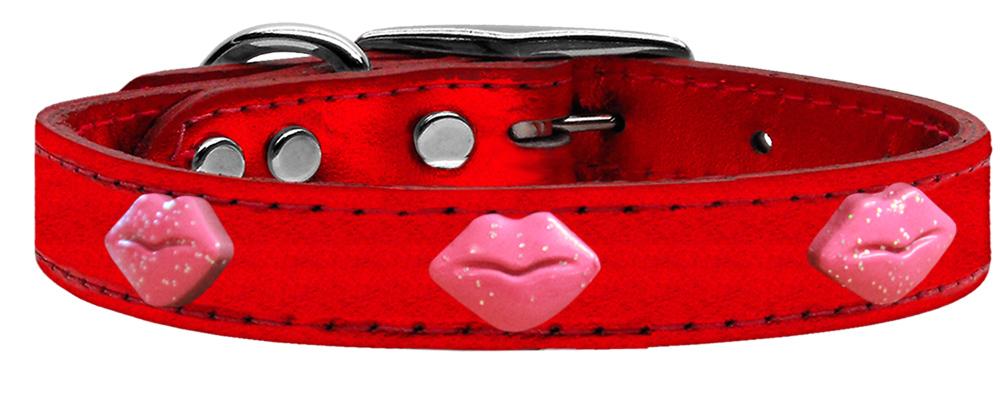 Pink Glitter Lips Widget Genuine Metallic Leather Dog Collar Red 20