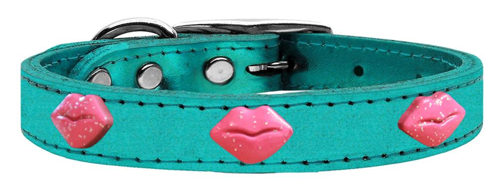 Pink Glitter Lips Widget Genuine Metallic Leather Dog Collar Turquoise 16