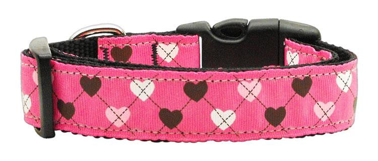 Argyle Hearts Nylon Ribbon Collar Bright Pink Large