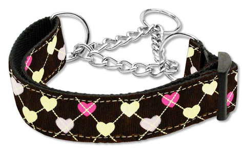 Argyle Hearts Nylon Ribbon Collar Martingale Brown Large