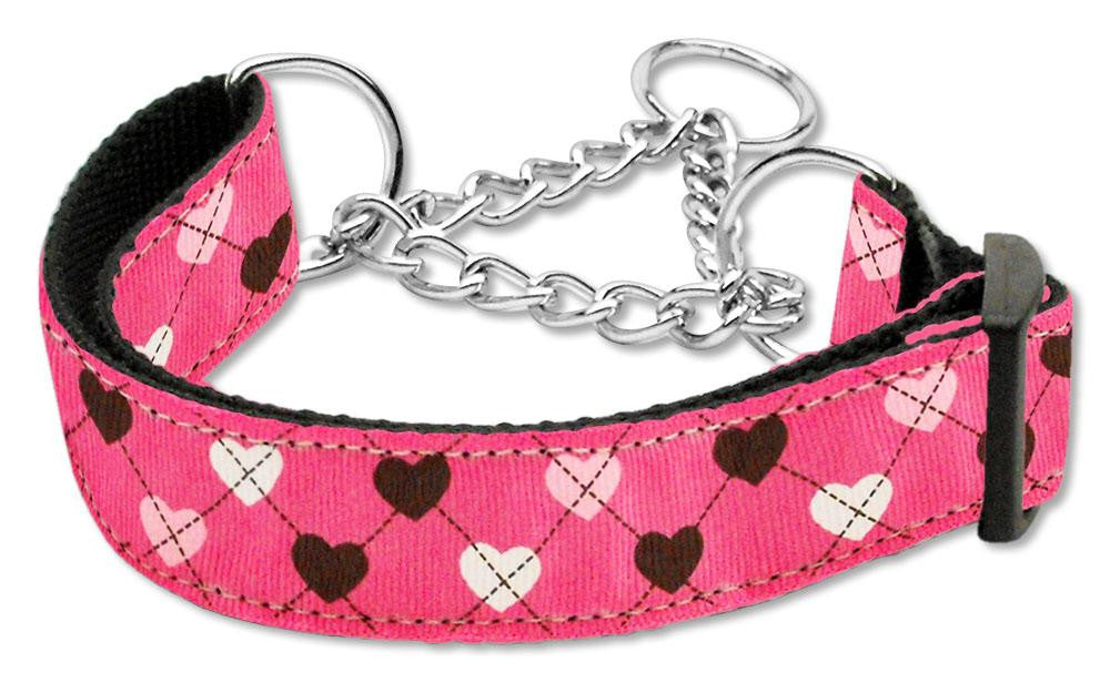 Argyle Hearts Nylon Ribbon Collar Martingale Bright Pink Medium