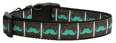 Aqua Moustaches Nylon Dog Collar Xl