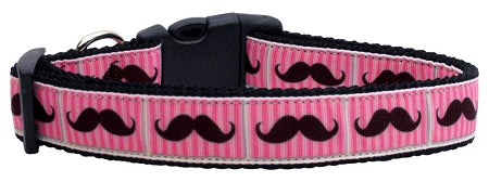 Pink Striped Moustache Nylon Dog Collar Medium Narrow