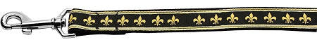 Black And Gold Fleur De Lis Nylon Dog Leash 3-8 Inch Wide 4ft Long