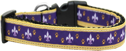 Purple and Yellow Fleur de Lis Nylon Ribbon Dog Collar XL