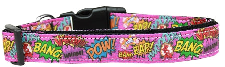 Superhero Sound Effects Pink Nylon Dog Collar Sm