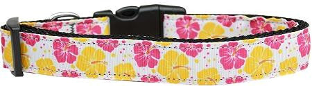 Pink and Yellow Hibiscus Flower Nylon Dog Collar Large