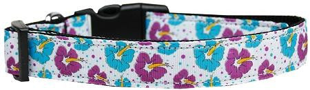 Blue and Purple Hibiscus Flower Nylon Dog Collar Medium