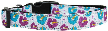 Blue And Purple Hibiscus Flower Nylon Dog Collar Sm