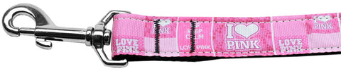 I Heart Pink Nylon Dog Leash 3-8 Inch Wide 4ft Long