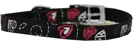 Crazy Hearts Nylon Dog Collar with classic buckles 3-8" Black Size 14