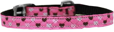 Argyle Hearts Nylon Dog Collar with classic buckle 3-8" Bright Pink Size 8