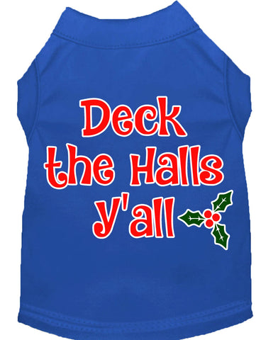 Deck The Halls Y'all Screen Print Dog Shirt Blue Lg