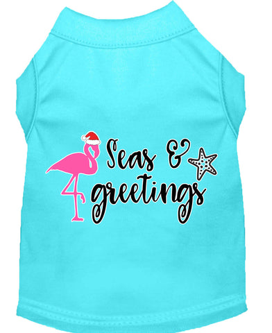 Seas And Greetings Screen Print Dog Shirt Aqua Lg