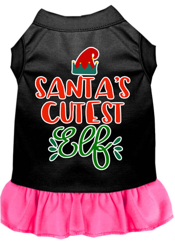 Santa's Cutest Elf Screen Print Dog Dress Black With Bright Pink Sm