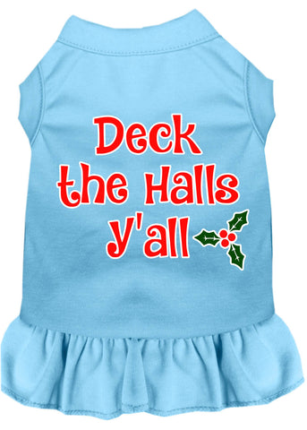 Deck The Halls Y'all Screen Print Dog Dress Baby Blue 4x