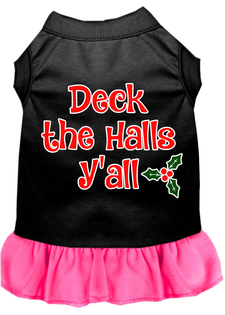 Deck The Halls Y'all Screen Print Dog Dress Black With Bright Pink Sm