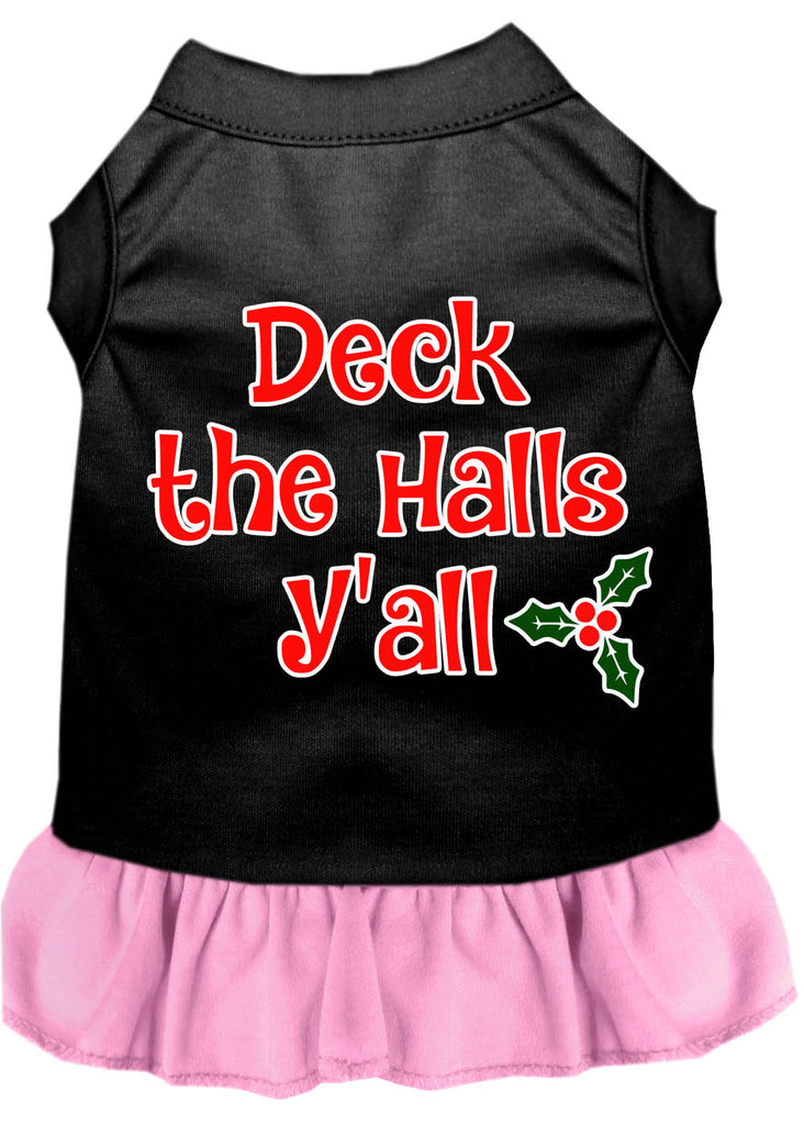 Deck The Halls Y'all Screen Print Dog Dress Black With Light Pink Sm