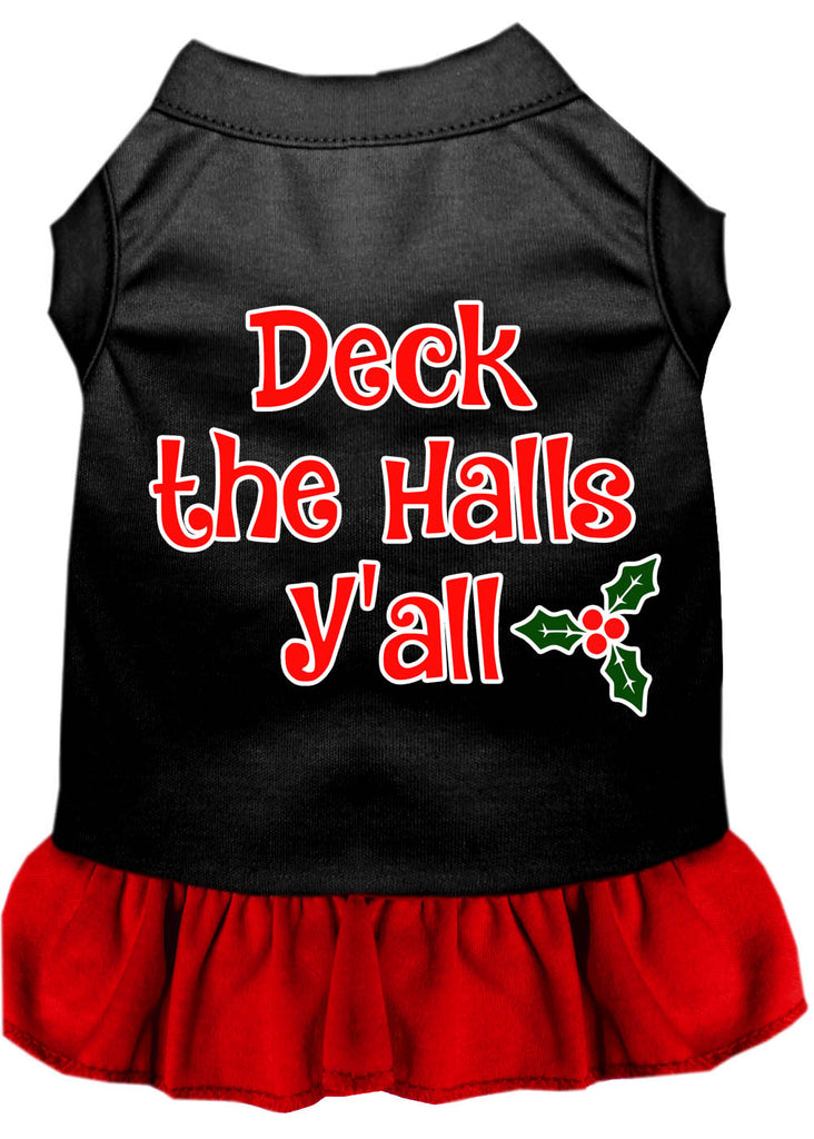 Deck The Halls Y'all Screen Print Dog Dress Black With Red Lg