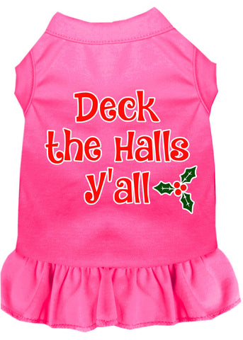 Deck The Halls Y'all Screen Print Dog Dress Bright Pink 4x