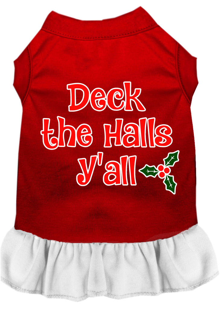 Deck The Halls Y'all Screen Print Dog Dress Red With White Lg