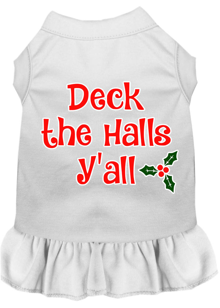 Deck The Halls Y'all Screen Print Dog Dress White Sm