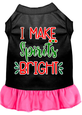 I Make Spirits Bright Screen Print Dog Dress Black With Bright Pink Lg