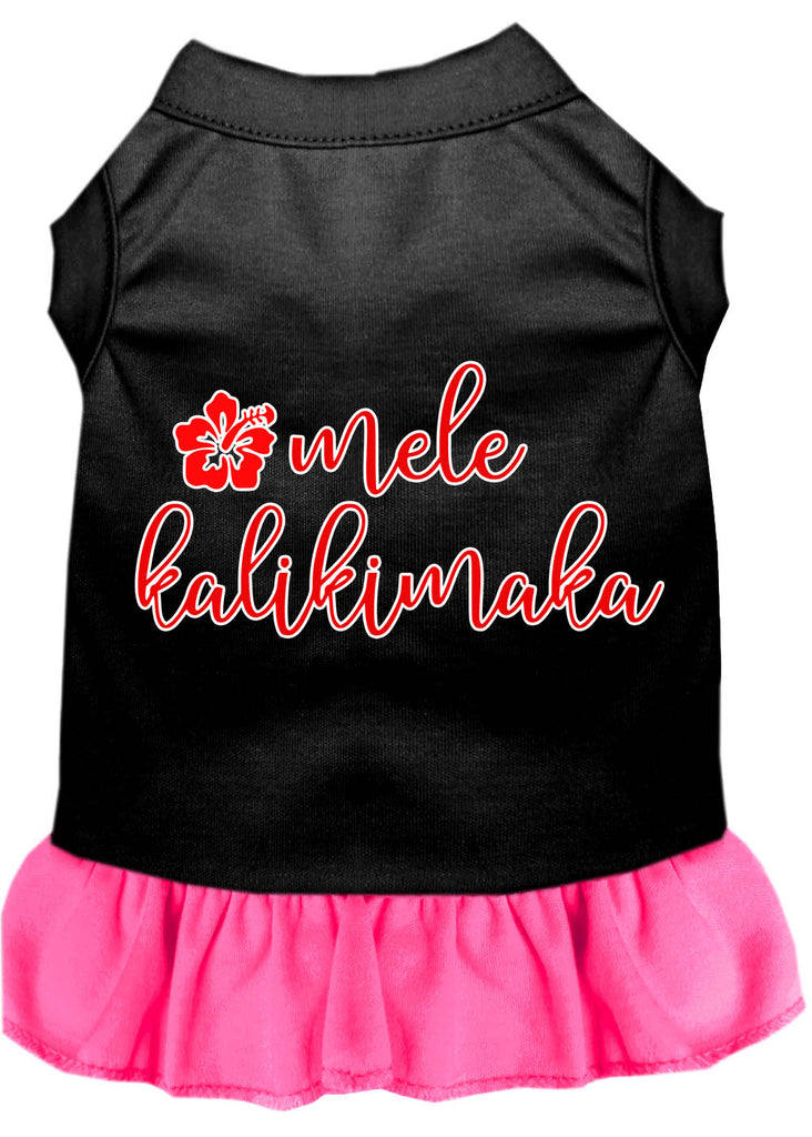 Mele Kalikimaka Screen Print Dog Dress Black With Bright Pink Med