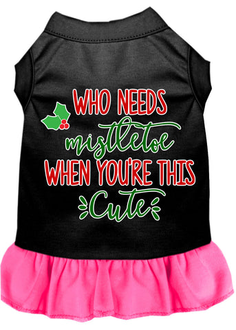 Who Needs Mistletoe Screen Print Dog Dress Black With Bright Pink Lg