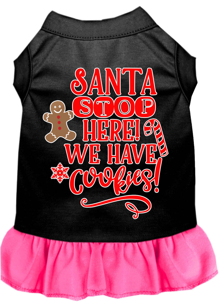 Santa, We Have Cookies Screen Print Dog Dress Black With Bright Pink Lg