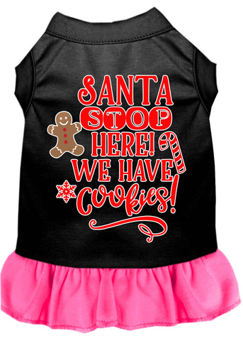 Santa, We Have Cookies Screen Print Dog Dress Black With Bright Pink Med