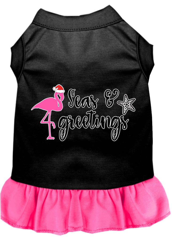 Seas And Greetings Screen Print Dog Dress Black With Bright Pink Lg