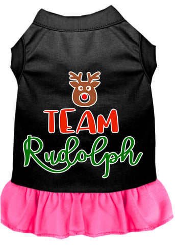 Team Rudolph Screen Print Dog Dress Black With Bright Pink Sm