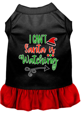 I Can't, Santa Is Watching Screen Print Dog Dress Black With Red Med