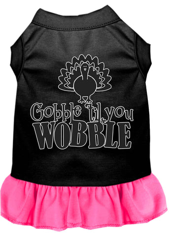 Gobble Til You Wobble Screen Print Dog Dress Black With Bright Pink Lg