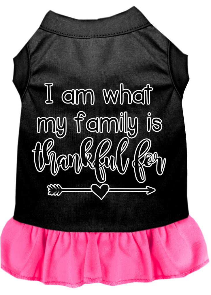 I Am What My Family Is Thankful For Screen Print Dog Dress Black With Bright Pink Lg