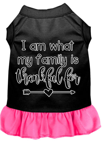 I Am What My Family Is Thankful For Screen Print Dog Dress Black With Bright Pink Xs