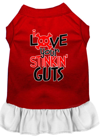 Love Your Stinkin Guts Screen Print Dog Dress Red With White Lg