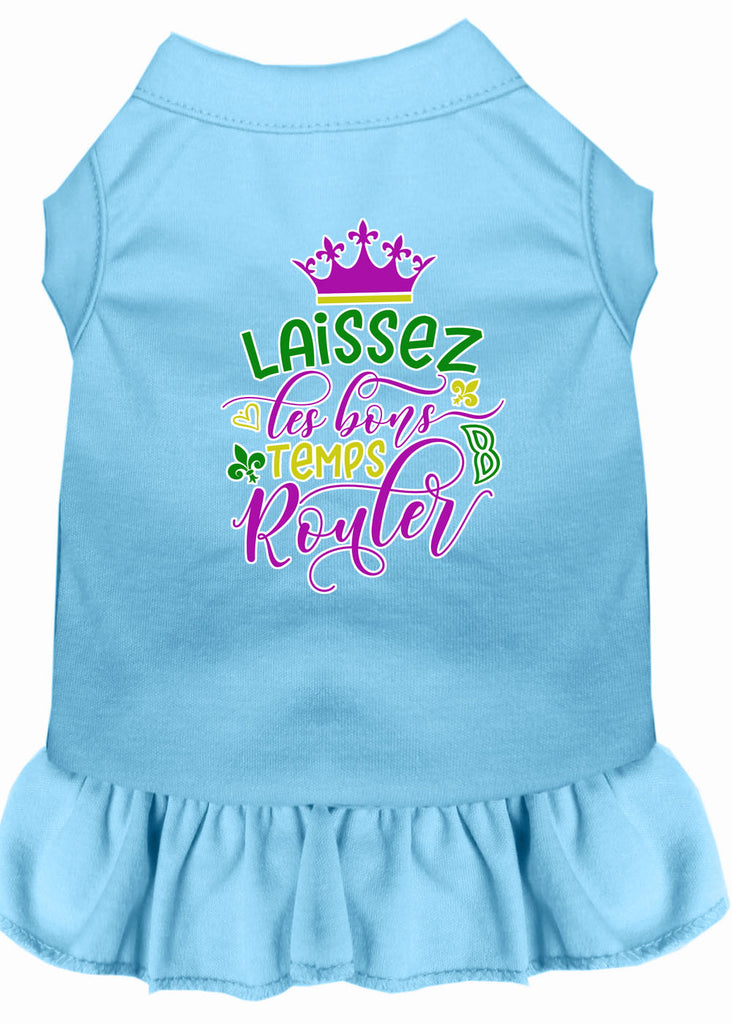 Laissez Les Bons Temps Rouler Screen Print Mardi Gras Dog Dress Baby Blue 4x