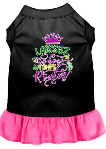 Laissez Les Bons Temps Rouler Screen Print Mardi Gras Dog Dress Black With Bright Pink Lg