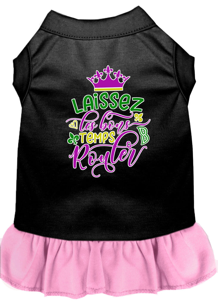 Laissez Les Bons Temps Rouler Screen Print Mardi Gras Dog Dress Black With Light Pink Lg