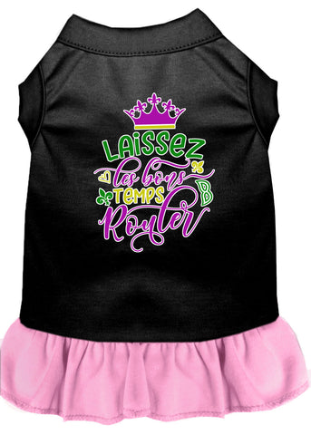 Laissez Les Bons Temps Rouler Screen Print Mardi Gras Dog Dress Black With Light Pink Lg