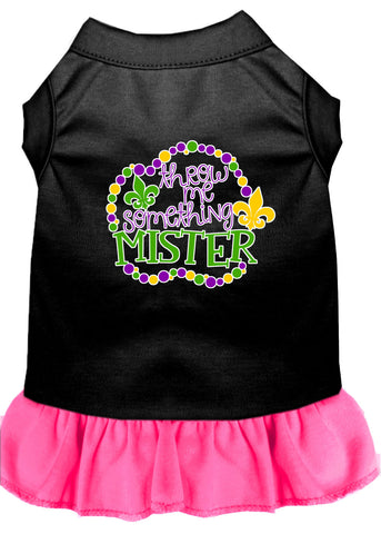 Throw Me Something Screen Print Mardi Gras Dog Dress Black With Bright Pink Lg