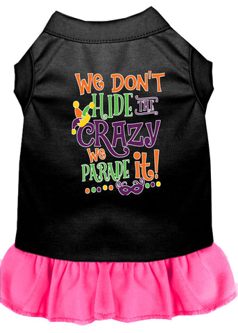 We Don't Hide The Crazy Screen Print Mardi Gras Dog Dress Black With Bright Pink Lg