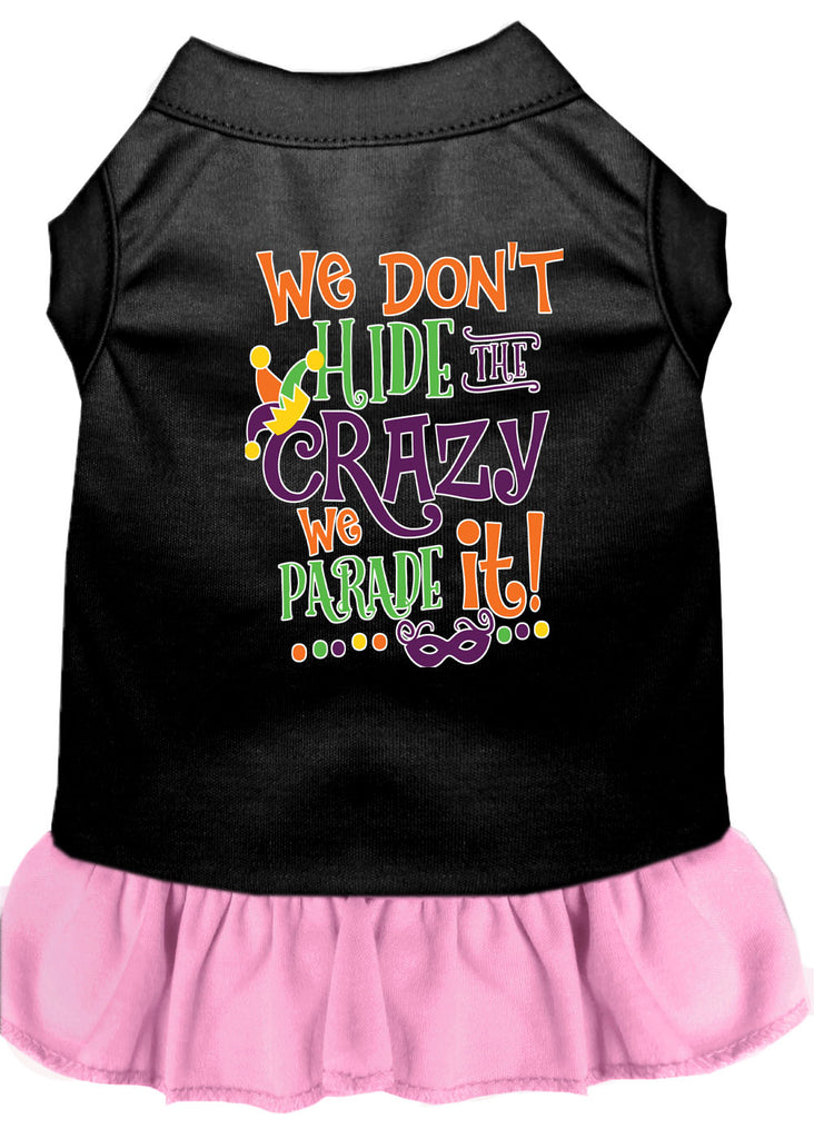 We Don't Hide The Crazy Screen Print Mardi Gras Dog Dress Black With Light Pink Lg