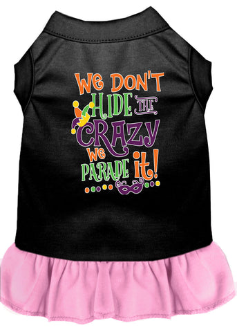 We Don't Hide The Crazy Screen Print Mardi Gras Dog Dress Black With Light Pink Med