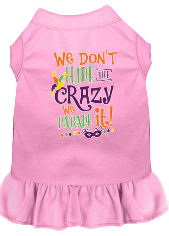 We Don't Hide The Crazy Screen Print Mardi Gras Dog Dress Light Pink Xs